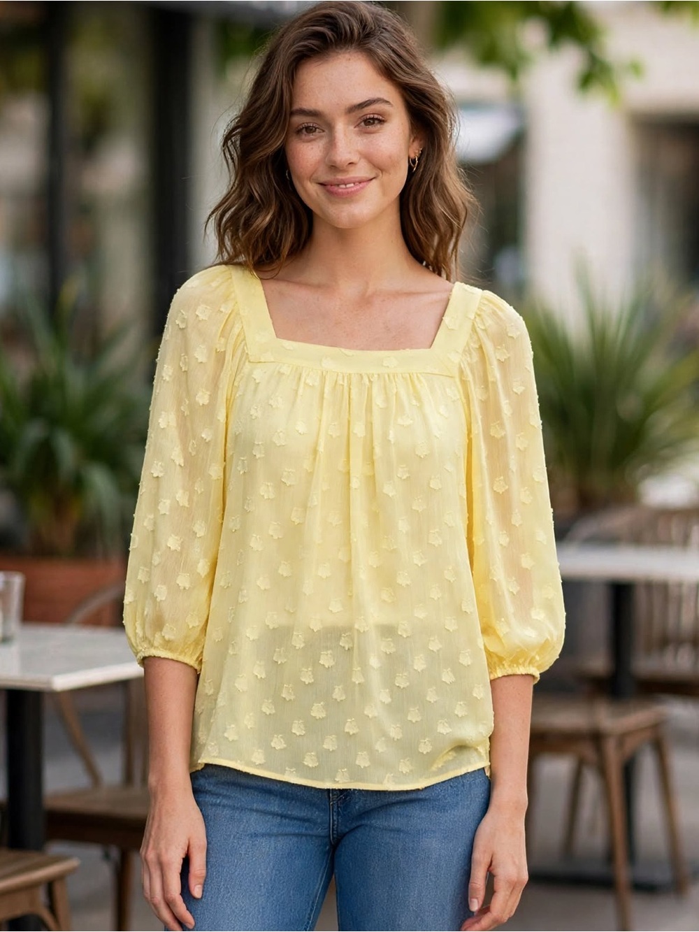 LC Lauren Conrad Pale Yellow Square-Neck Sheer Tunic Blouse